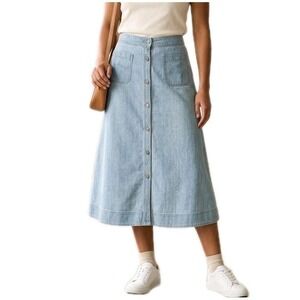 Chaps Denim Midi Skirt Sz 14 Blue Chambray Cotton Button Front Pockets Western